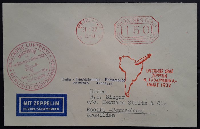 Duitse Rijk - Zeppelin document - 4 Südamerikafahrt 1932 / Berlin NW 7