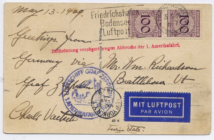Duitse Rijk - LZ 127 - Zeppelin : 1929 - 1st first America flight Amerika-fahrt : card with scarce normal franking