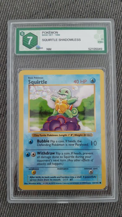 Wizards of The Coast - Pokémon - Graded Card Shadowless Squirtle GRAAD7/PSA7 | Base set | Near Mint condition - 1999