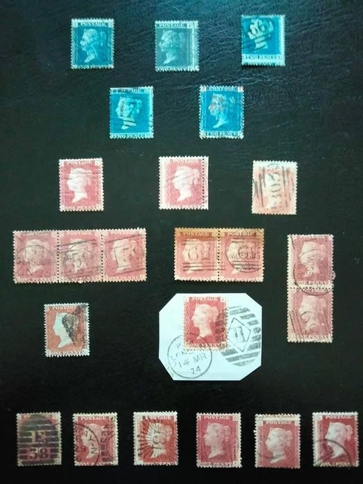 Great Britain 1854/1876 - Queen Victoria. Two pence blue, One penny red - Stanley Gibbons 47, 45, 20a, 23, 43, 36, 30, 17, 43/44