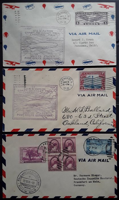 Verenigde Staten - 1 Zeppelin document + 2 Akron documents / Hindenburg flight 1936 + 2 Trascontinental flights 1932
