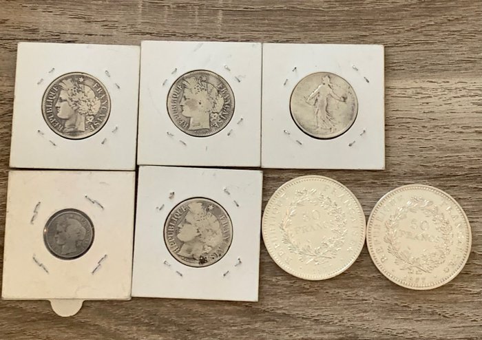 France. Lot de 7 monnaies en argent (50 Centimes à 50 Francs) 1871/1977