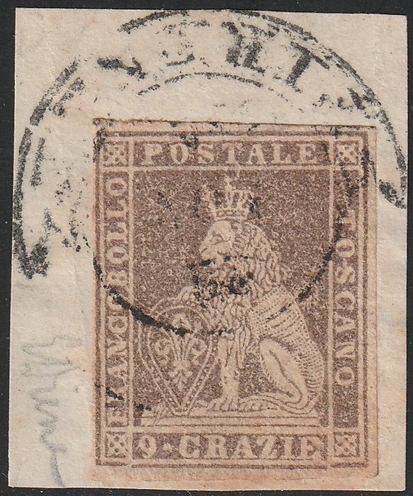 Italian Ancient States - Tuscany 1859 - 2nd issue 9 crazie lilac brown with good margins, used on fragment of Florence, very rare and - Sassone  n.16