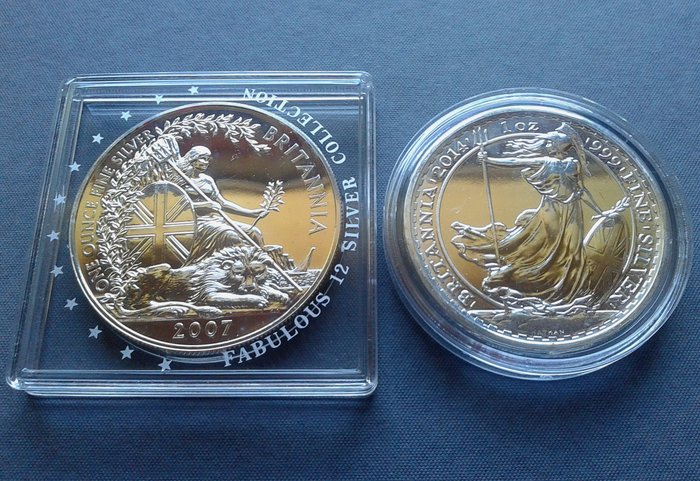 Royaume-Uni. 2 Pounds 2007 Britannia + 2 Pounds 2014 Britannia Horse Privy Mark (2 coins)