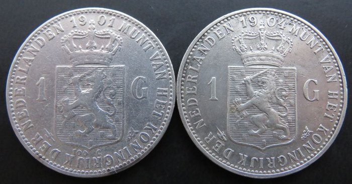 Netherlands. Wilhelmina (1890-1948). 1 Gulden 1901 en 1904