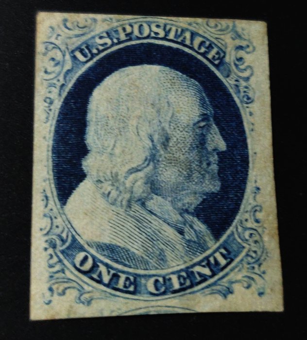 United States of America 1851/1856 - Sharp blue colored Benjamin Franklin wide margined Mint stamp with part OG - Scott #9