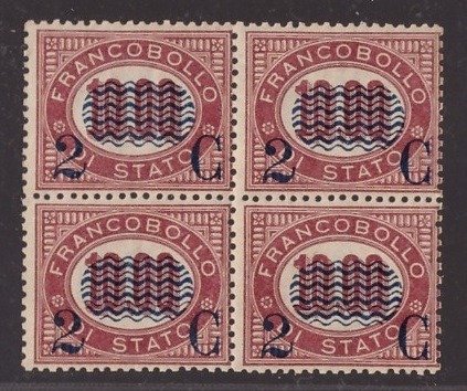 Italy Kingdom 1878 - State service, 2 cents on 10 lire in new block of four - Sassone N.36