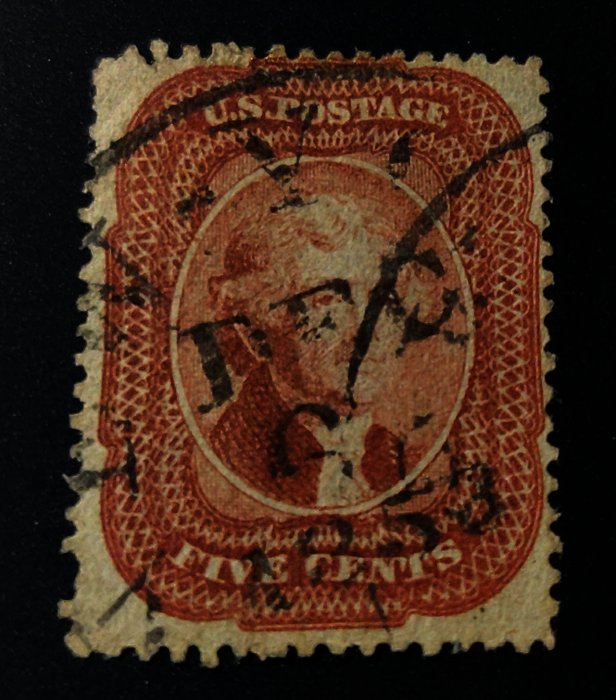 United States of America 1857/1861 - Scarce Jefferson colored stamp comprising both a town & a date cancel - Scott # 27