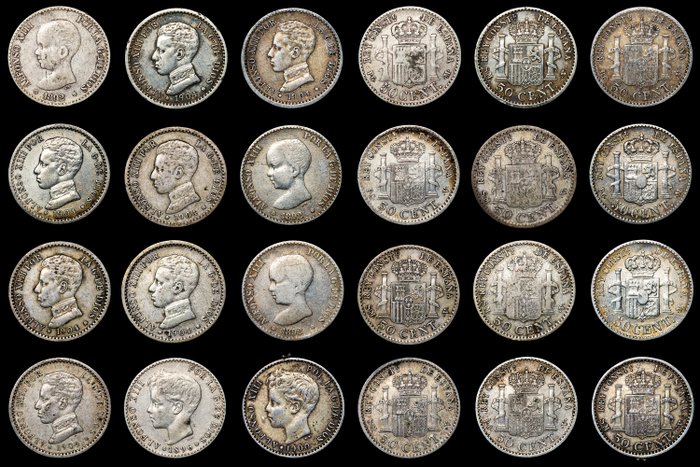 Spain. Alfonso XIII (1886-1931). 50 centimos 1892 (3), 1896, 1900, 1904 (7). Madrid (12 pieces)