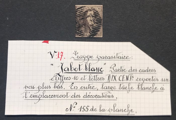 Belgien 1849 - Leopold I Epaulet 10 centimes - Variety "Jabot Blanc" (pos. 155) - BEAUTIFUL CONDITION - OBP 1-V3