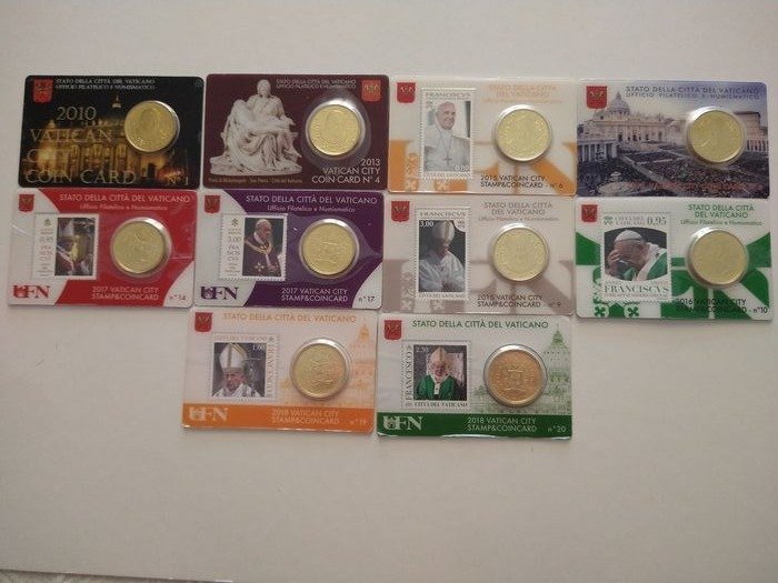 Vatikan. 50 Cents 2010/2018 (10 pieces) in Coincards