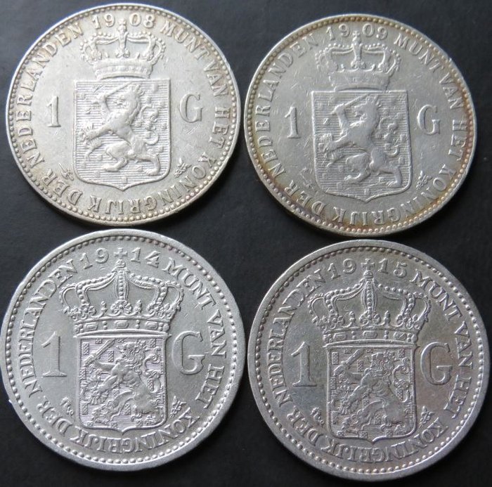 Netherlands. Wilhelmina (1890-1948). 1 Gulden 1908/1915 - 4 stuks