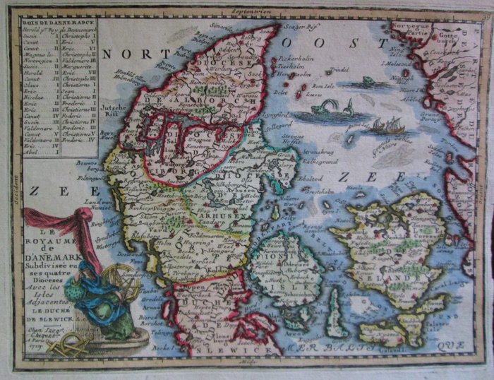 Danmark, x; J. Chiquet - Le Royaume de Danemark subdiviseé en ses quatre Dioceses - 1719