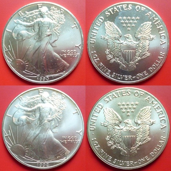 États-Unis. 1 Dollar 1990/1992 American Silver Eagle - 2 x 1 Oz