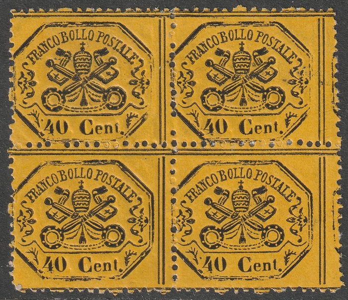 Italian Ancient States - Papal State 1868 - 3rd issue 40 c. intense yellow without dot after the figure, block of four, mint with gum, rare, - Sassone n.29c/n