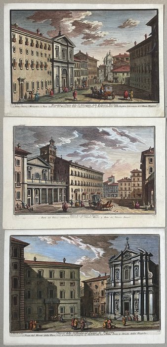 義大利, Lazio, Rome; Guiseppe Vasi - Drie stadsgezichten in Rome - 1721-1750