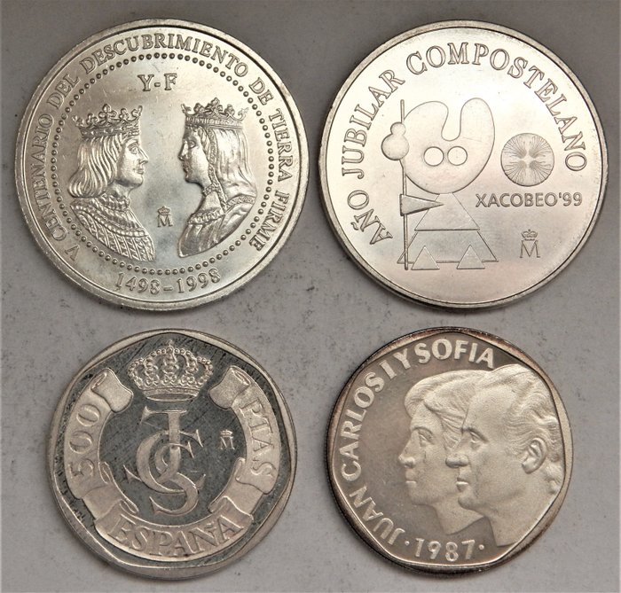 Spain. Juan Carlos I (1975-2014). 3 Euro 1988 y 1989 + 500 Pesetas 1987(2) pruebas (4 piezas)