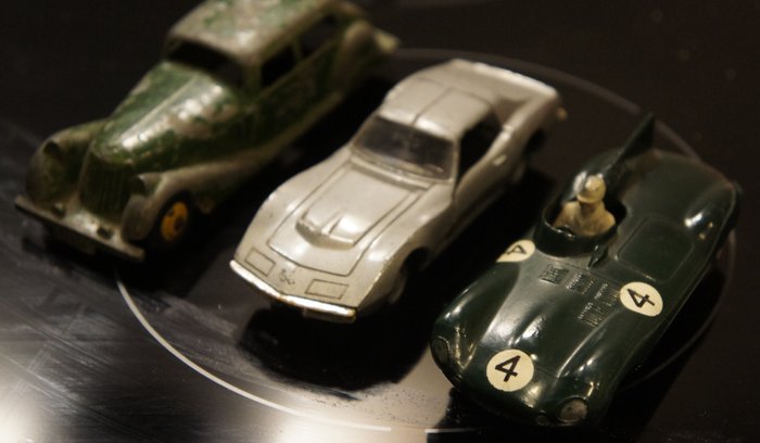 Intercars-The Crescent Toy- LM Toy - 1:43 - Three very rare- LM 860 made in1930`s- D Type Jaguar- Intercars Corvette.
