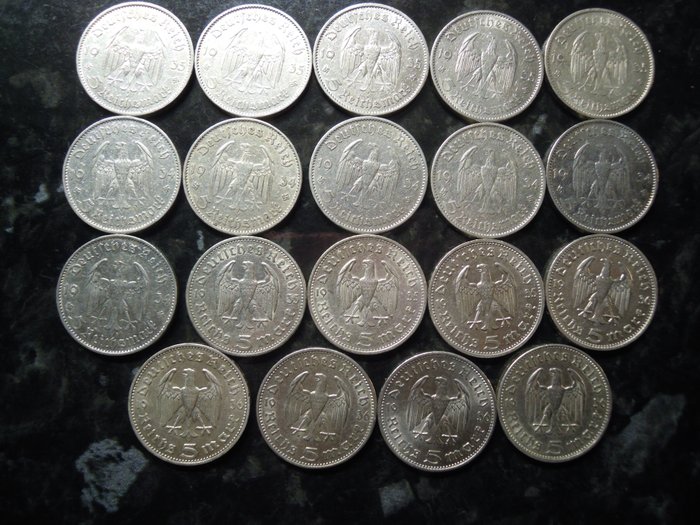 Germany, Third Reich. 5 Reichsmark 1934/1936 (19 pieces)