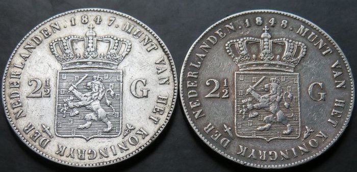 Netherlands. Willem II (1840-1849). 2 1/2 Gulden 1847 en 1848