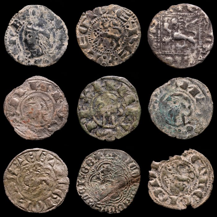 Spain. Lote de nueve (9) monedas - Epoca medieval.