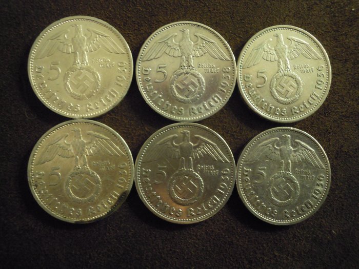 Germany, Third Reich. Lot. 5 Reichsmark 1936/1938/1939 (6 pieces)