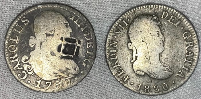 Spain. Carlos IV (1788-1808) Fernando VII (1808-1833). Lot of 2 coins 2 Reales 1799 Madrid MF Resello Cubano , 1820 Madrid GJ