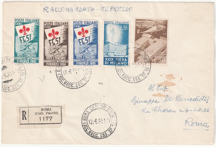 Italian Republic 1951 - Gymnastics + Milan Fair on cover from Rome to city, rare and certified - Sassone S.146+147