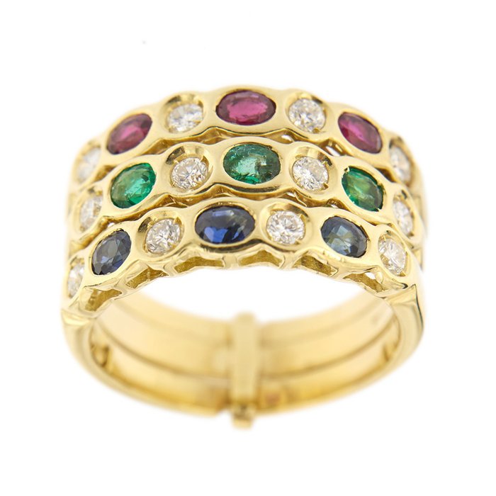 Preview of the first image of 18 kt. Yellow gold - Ring - 0.84 ct Diamonds - Emeralds, Rubies, Sapphires.