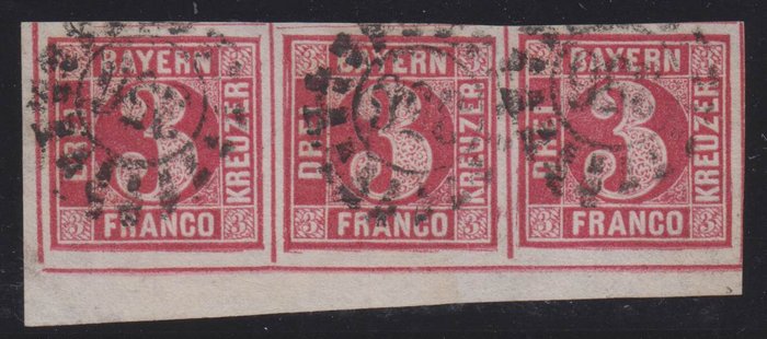 Beieren 1862 - 3 kr. as a strip of three from the left lower corner of the sheet with an enormous amount of edge - Michel 9 a (3)