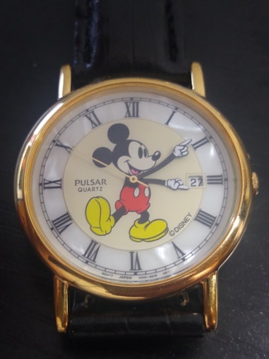 Mickey Mouse - Classic 35mm Date Adjust Gold Bezel Wristwatch with Black Leather Band