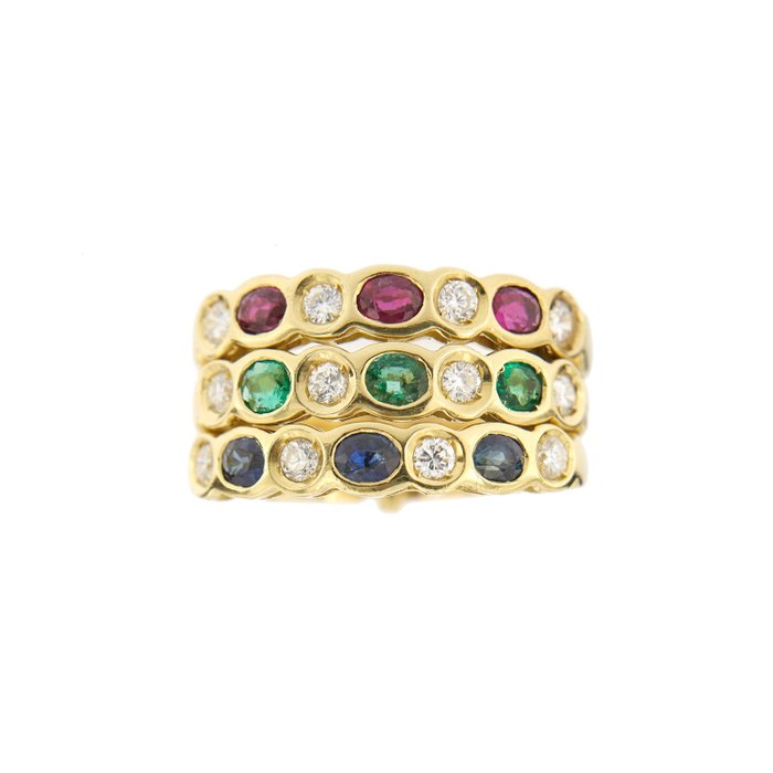 Image 2 of 18 kt. Yellow gold - Ring - 0.84 ct Diamonds - Emeralds, Rubies, Sapphires