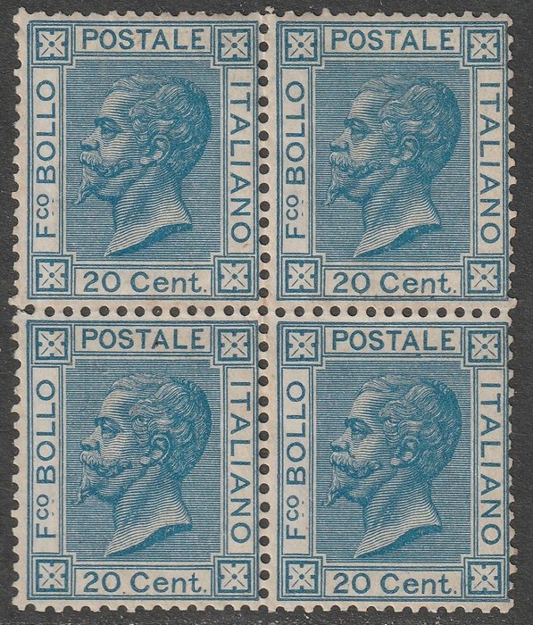 Royaume d’Italie 1867 - Bigola, Turin issue 20 c. azure, block of four, mint, with full gum, very rare, 3 certificates - Sassone T26