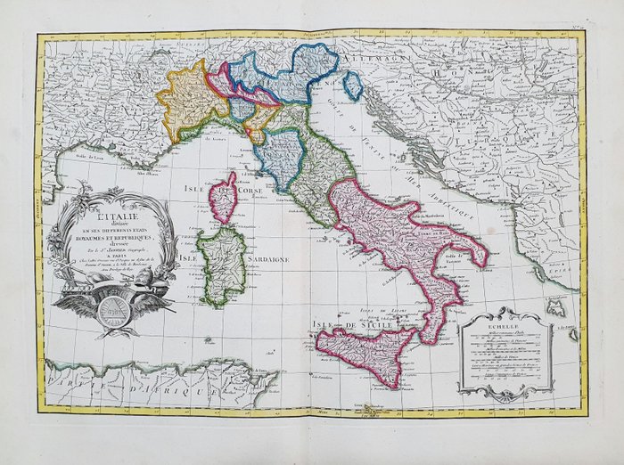 義大利; G. Rizzi Zannoni / Janvier / Lattre - L'Italie divisee en ses differents Etats, Royaumes et Republiques - 1761-1780