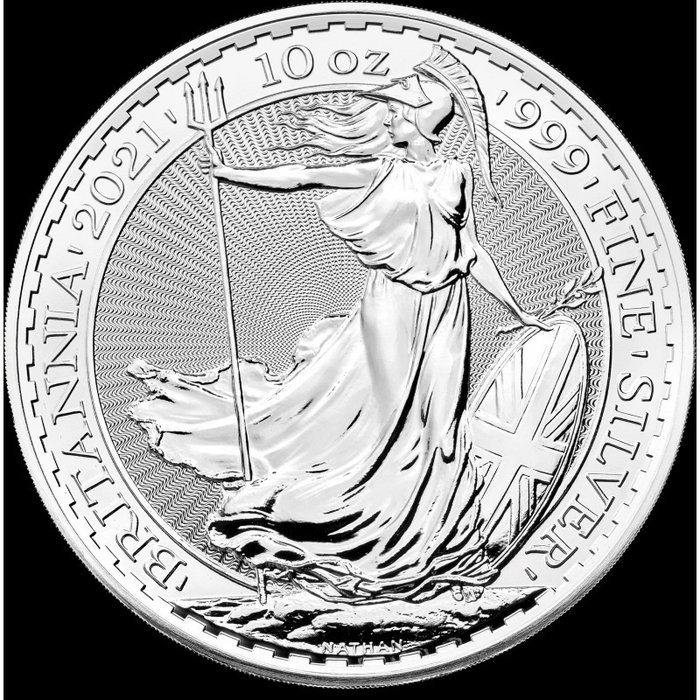 Grande Bretagne. 10 Pound 2021 Britannia 1 oz Silbermünze in Kapsel - Erste 10 oz Britannia