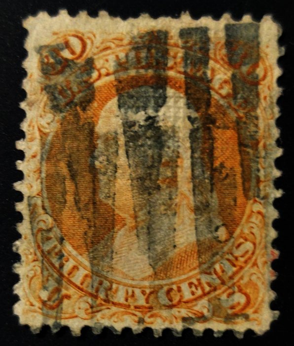 United States of America 1867/1868 - Benjamin  Franklin large margin well centered grilled tough stamp - Scott # 100