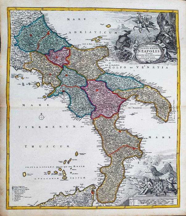 義大利, Sud Italia; Johann Baptist Homann - Novissima & Exactissima Totius Regni Neapolis, Tabula Presentis Belli Statui Accommodata et Exhibita - 1701-1720