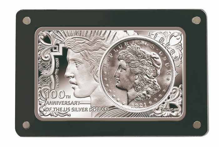 États-Unis. 1 Dollar 2021 100th Anniversary US Silver Dollar Silver Bar + Morgan Dollar - 2+ oz