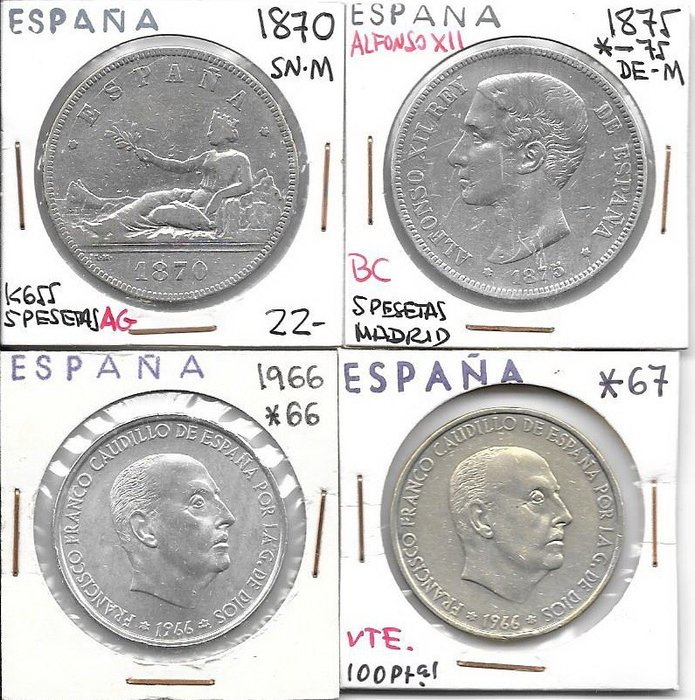 Spain. Gobierno Prov. 1870-SN-M Alfonso XII  1875 *75 DE-M - Franco 100  1966 Y 67  (4 monedas plata)