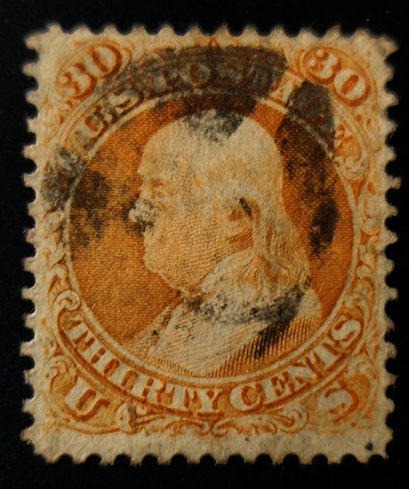 United States of America 1861/1866 - Benjamin Franklin tough, face-free cancel & BEAUTY of a stamp - Scott # 71