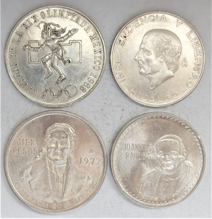 Mexiko. 5 Pesos 1955 + 25 Pesos 1968 + 100 Pesos 1977 + John Paul II Medal 1979 (4 pieces)