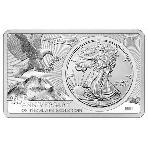 États-Unis. 1 Dollar 2021 Silver Eagle 35th Anniversary Proof Coin-Bar - 3 oz