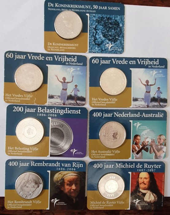 Pays-Bas. 5 Euro 2004/2007 in coincards (7 items)