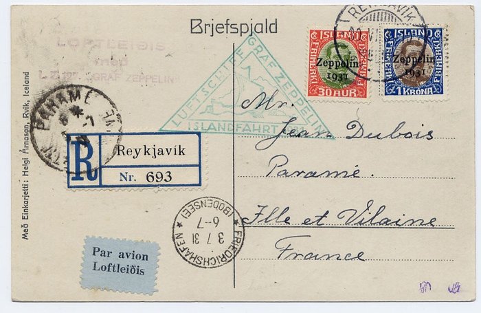 Islande 1931 - Zeppelin LZ 127 : Islandfahrt - Iceland Flight : card from Reykjavik to France