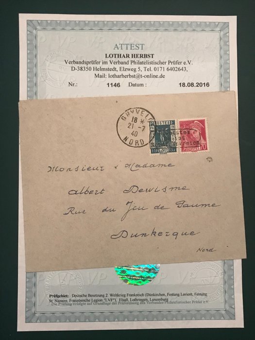 France 1940 - Occupation of Dunkirk : Exhibition Paris and Mercur with photo certificate - Michel 329l en 388l
