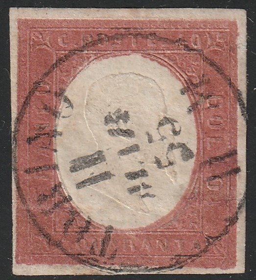 Italian Ancient States - Sardinia 1854 - 3rd issue 40 c. brick red with good margins, used in Turin, rare and certified - Sassone n.9