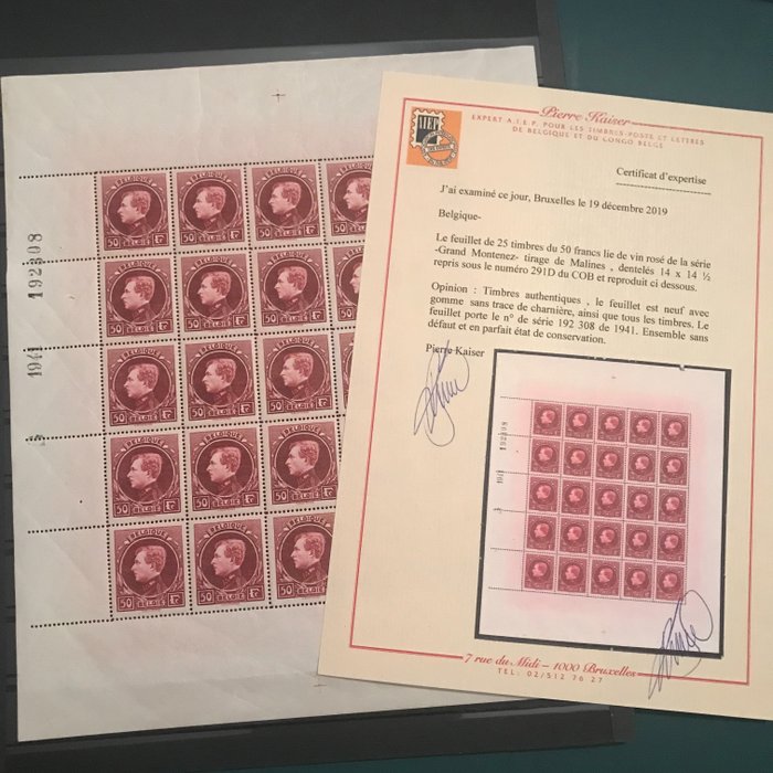 Belgium 1929 - Large Montenez, Mechelen printing, in the nuance pink-wine-red in a sheet, with a Kaiser certificate - OBP 291D