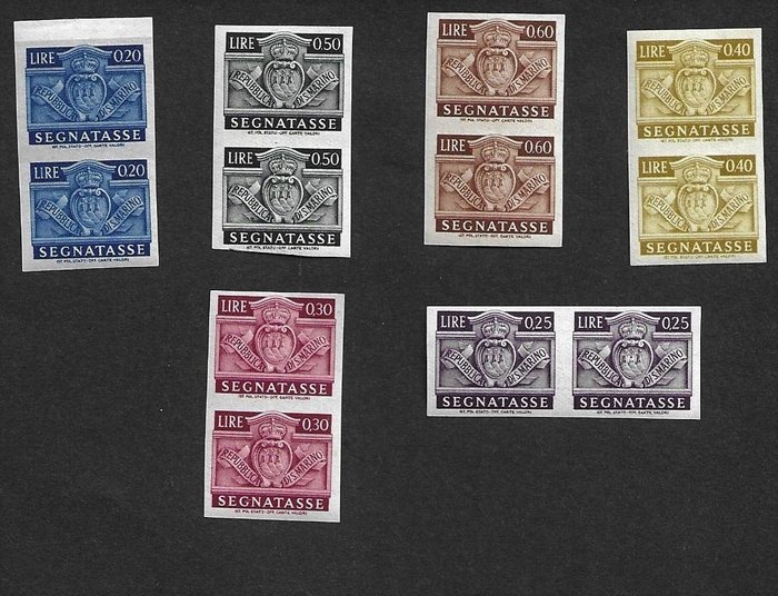 San Marino 1945 - “Coat of arms” postage-due stamps, six different imperforate values in pairs - Sassone N.68a/73a
