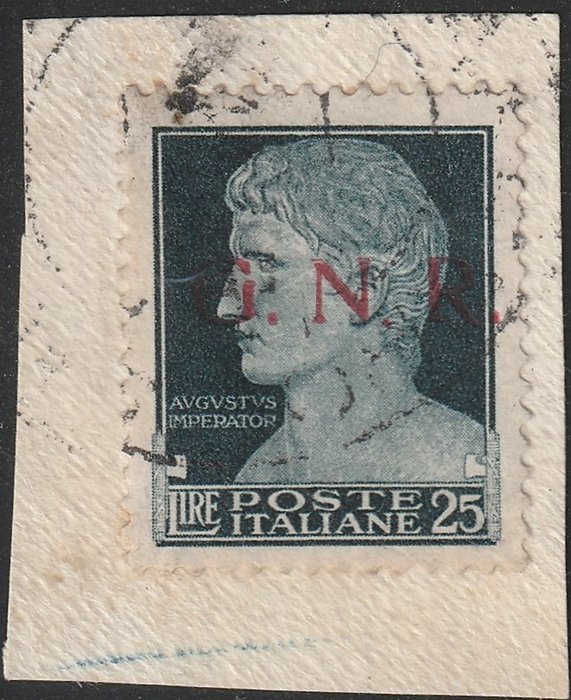 Republican National Guard 1944 - GNR overprint, issue of Brescia 25 l. used on fragment, the only one known, great rarity, 2 - Sassone n.488/I