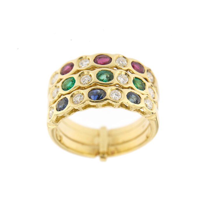 Image 3 of 18 kt. Yellow gold - Ring - 0.84 ct Diamonds - Emeralds, Rubies, Sapphires